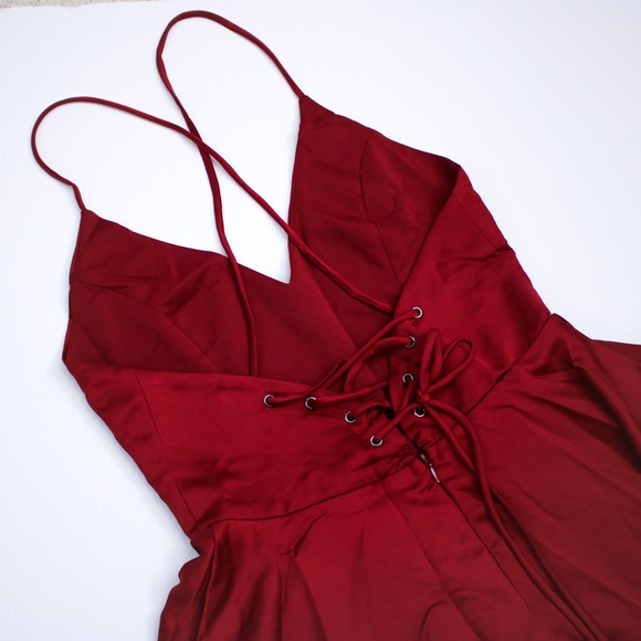 Burgundy Lace Up Back High Low Satin Maxi Dress - Picture 7 of 8